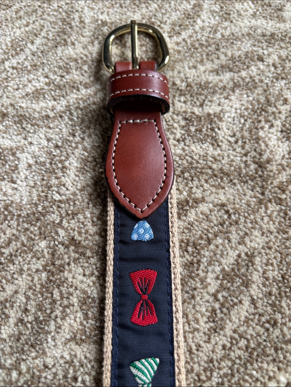 Embroidered Navy Strap Belt with Brown Leather Accents Custom Bow Tie Belt
